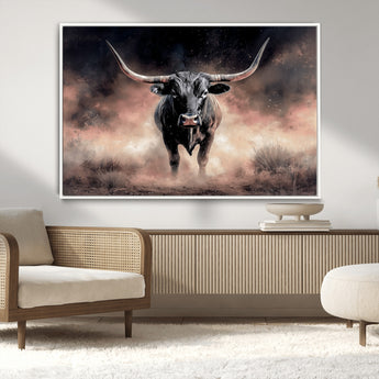 71457818-MGV-CV-36X24-Longhorn Wall Art Wall Art Canvas Print, Framed Western Bull Canvas Art Picture Print, Rustic Cow Decor Perfect Western Dramatic