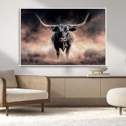 71457818-MGV-CV-36X24-Longhorn Wall Art Wall Art Canvas Print, Framed Western Bull Canvas Art Picture Print, Rustic Cow Decor Perfect Western Dramatic