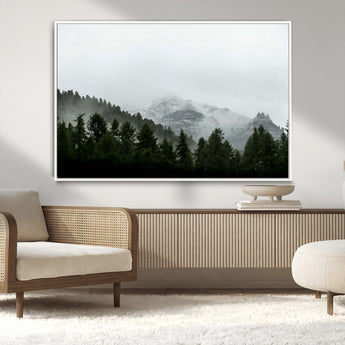 55968349-MGV-CV-36X24-Misty Mountains Wall Art Canvas Print, Framed Foggy Forest Art Picture Print, Snowy Peaks Perfect Moody Wilderness Decor Artwork