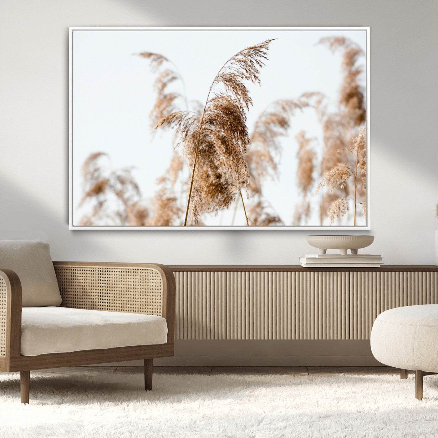 17019393-MGV-CV-36X24-Pampas Grass Wall Art Canvas Print, Framed Neutral Tones Art Picture Print, Minimalist Nature Perfect Boho Minimalist Decor