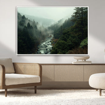 48497565-MGV-CV-36X24-Misty Forest Wall Art Canvas Print, Framed Foggy River Art Picture Print, Moody Landscape Perfect Moody Wilderness Decor Artwork