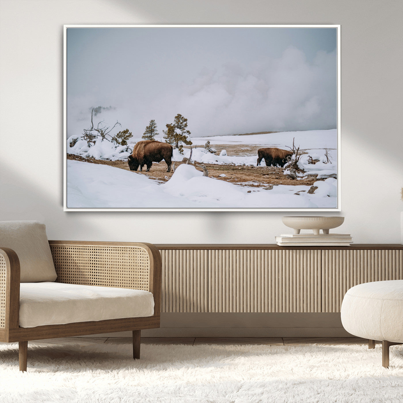 60308289-MGV-CV-36X24-Bison Wildlife Wall Art Canvas Print, Framed Snowy Prairie Art Picture Print, Western Landscape Perfect Rustic Winter Decor