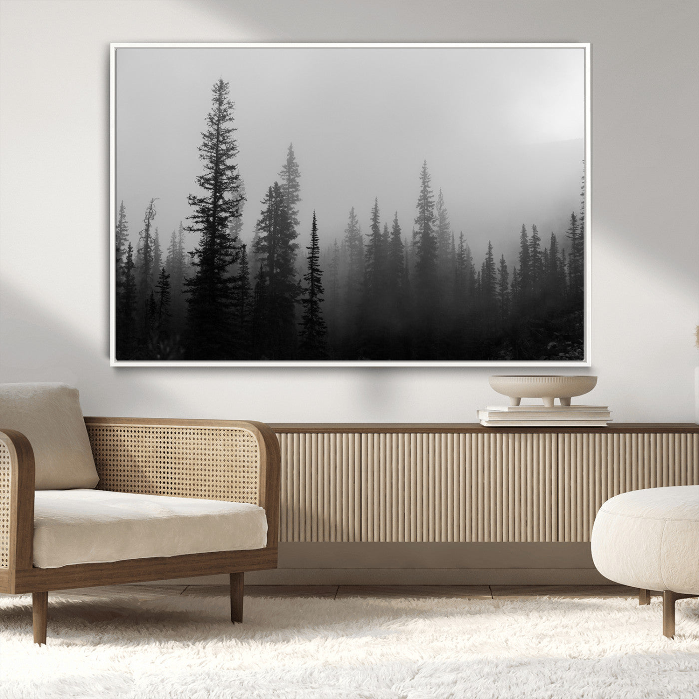 73138900-MGV-CV-36X24-Misty Pines Wall Art Canvas Print, Framed Woodland Photography Art Picture Print, Minimalist Decor Perfect Modern Rustic Decor