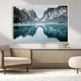 73098373-MGV-CV-36X24-Mountain Lake Wall Art Canvas Print, Framed Winter Wonderland Art Picture Print, Snowy Peaks Perfect Modern Nature Decor Artwork