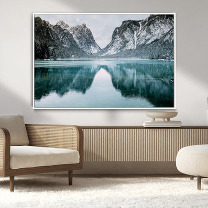 73098373-MGV-CV-36X24-Mountain Lake Wall Art Canvas Print, Framed Winter Wonderland Art Picture Print, Snowy Peaks Perfect Modern Nature Decor Artwork