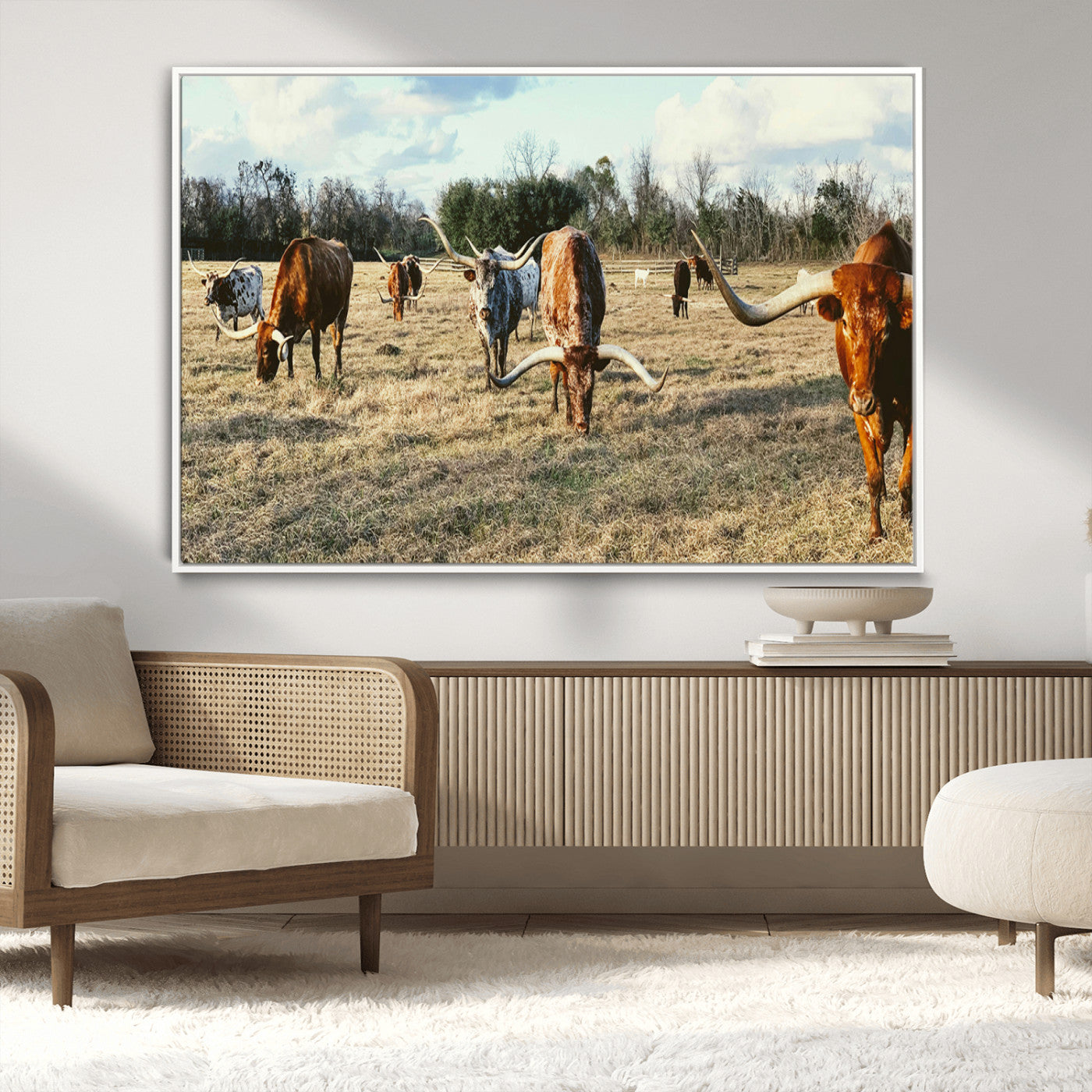 39144651-MGV-CV-36X24-Texas Longhorns Wall Art Canvas Print, Framed Rustic Farm Scene Art Picture Print, Western Cattle Perfect Rustic Farmhouse Decor