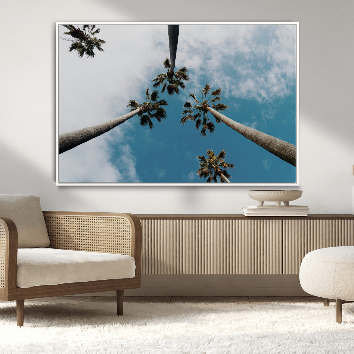 45236398-MGV-CV-36X24-Tropical Palm Trees Wall Art Canvas Print, Framed California Sky Art Picture Print, Minimalist Nature Perfect Coastal Minimalist