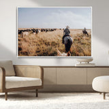 22431577-MGV-CV-36X24-Western Wall Art Wall Art Canvas Print, Framed Cowboy Canvas Art Picture Print, Cattle Drive Scene Perfect Rustic Western Decor