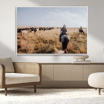 22431577-MGV-CV-36X24-Western Wall Art Wall Art Canvas Print, Framed Cowboy Canvas Art Picture Print, Cattle Drive Scene Perfect Rustic Western Decor