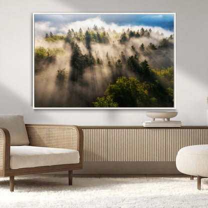 14785710-MGV-CV-36X24-Tranquil Forest Scene Wall Art Canvas Print, Framed Sunbeam Through Trees Art Picture Print, Moody Green Wall Art Perfect