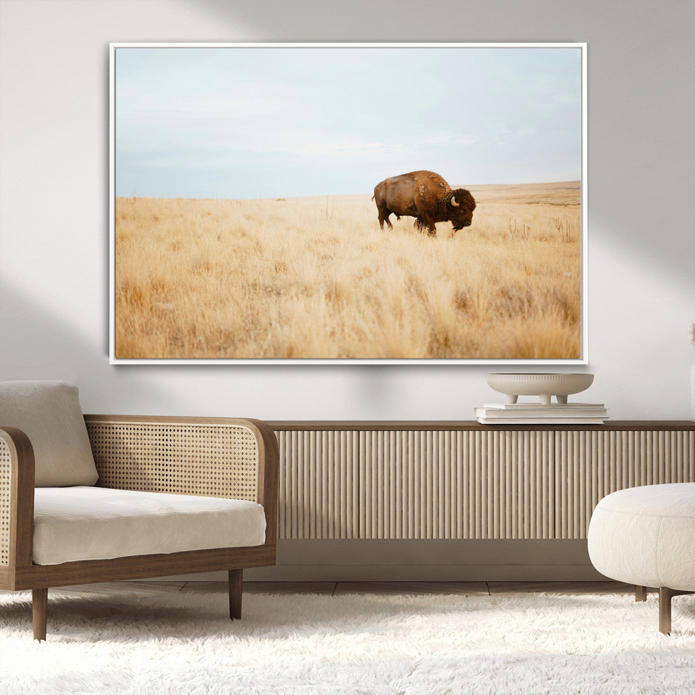 61392510-MGV-FC-36X24_White-Buffalo Wall Art Wall Art Canvas Print, Framed Western Wildlife Decor Art Picture Print, Rustic Farmhouse Art Perfect Rustic