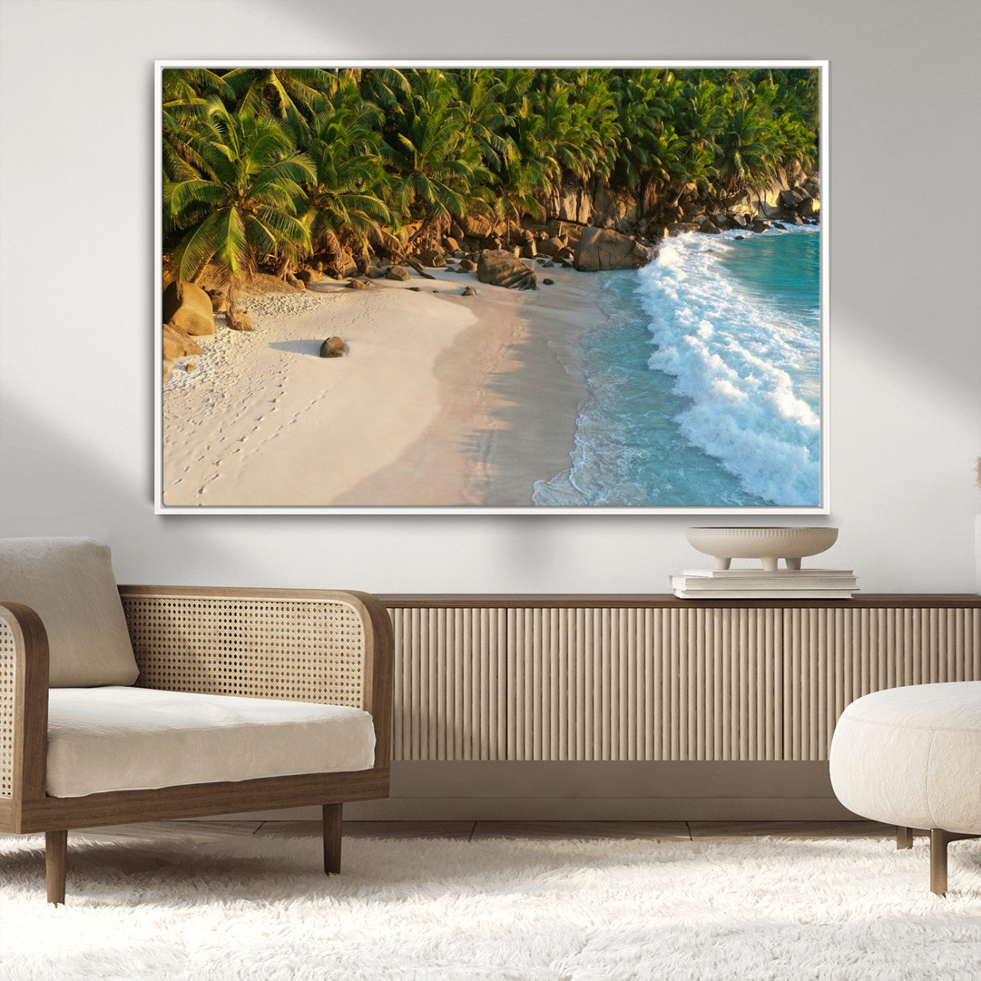 82312665-MGV-CV-36X24-Tropical Beach Wall Art Canvas Print, Framed Ocean Waves Art Picture Print, Palm Trees Perfect Coastal Minimalist Decor Artwork