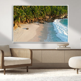 82312665-MGV-CV-36X24-Tropical Beach Wall Art Canvas Print, Framed Ocean Waves Art Picture Print, Palm Trees Perfect Coastal Minimalist Decor Artwork