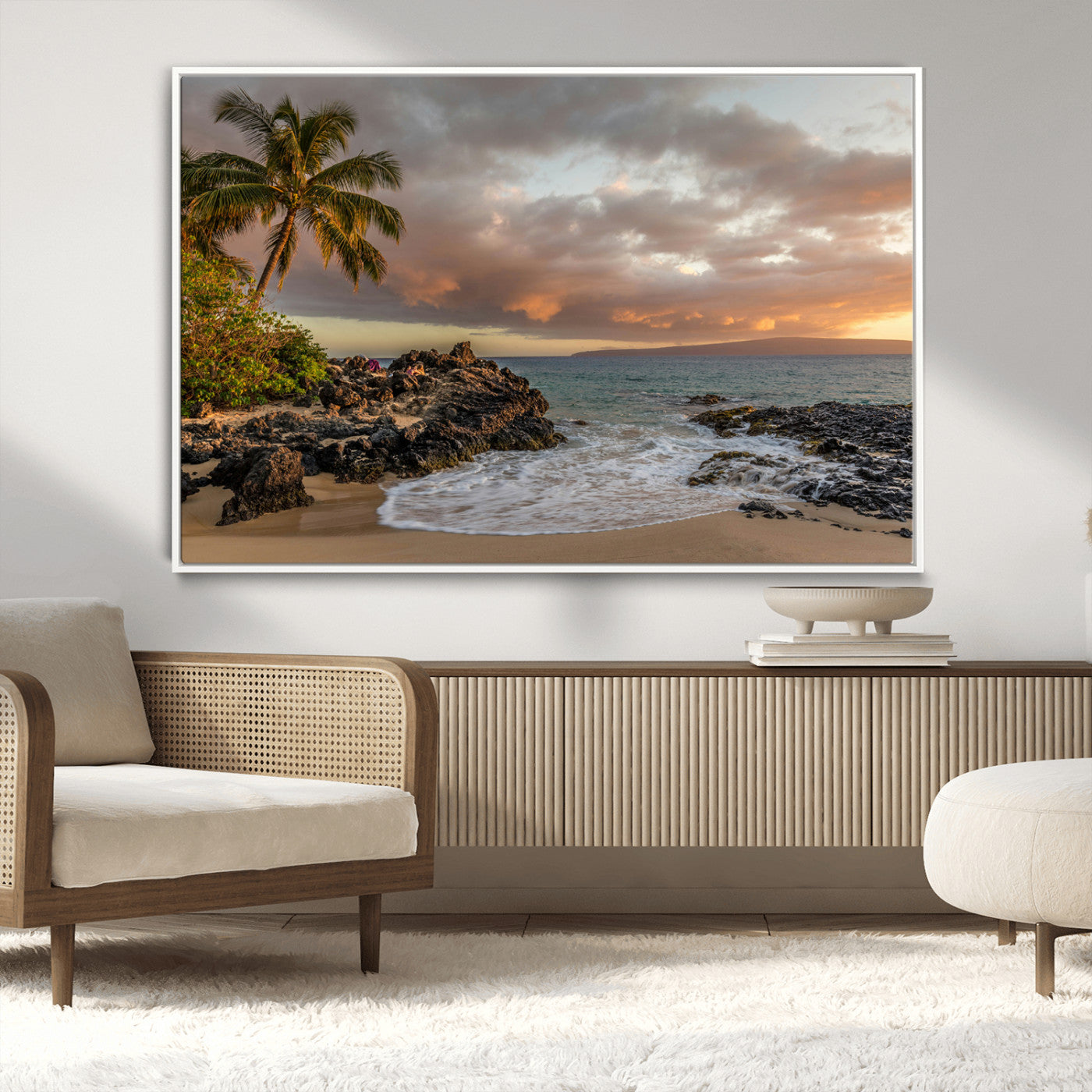 55108220-MGV-CV-36X24-Tropical Beach Wall Art Canvas Print, Framed Hawaiian Sunset Art Picture Print, Ocean Waves Perfect Coastal Tropical Decor Artwork