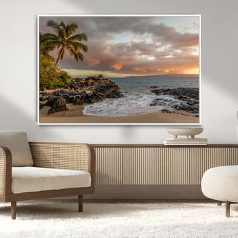 55108220-MGV-CV-36X24-Tropical Beach Wall Art Canvas Print, Framed Hawaiian Sunset Art Picture Print, Ocean Waves Perfect Coastal Tropical Decor Artwork