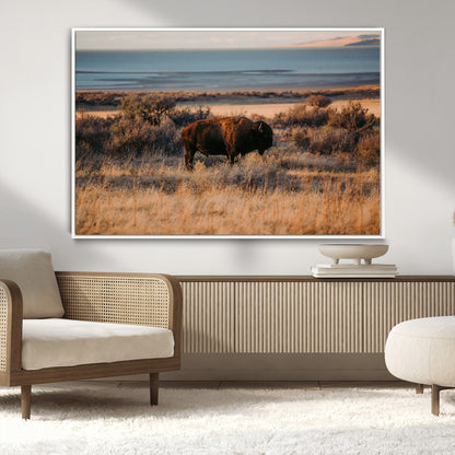 39509187-MGV-CV-36X24-Western Wildlife Wall Art Canvas Print, Framed Bison Art Picture Print, Golden Hour Perfect Western Rustic Decor Artwork