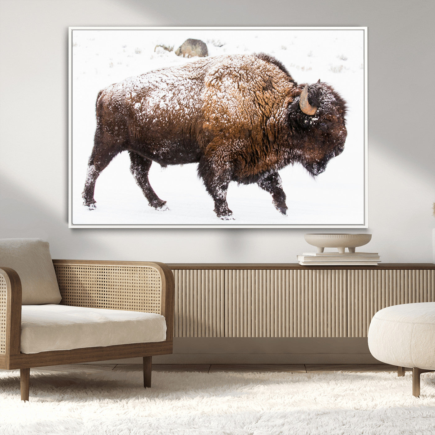 94261165-MGV-FC-36X24_White-Snowy Buffalo Wall Art Canvas Print, Framed Wildlife Photography Art Picture Print, Brown Tones Perfect Rustic Lodge Decor Decor
