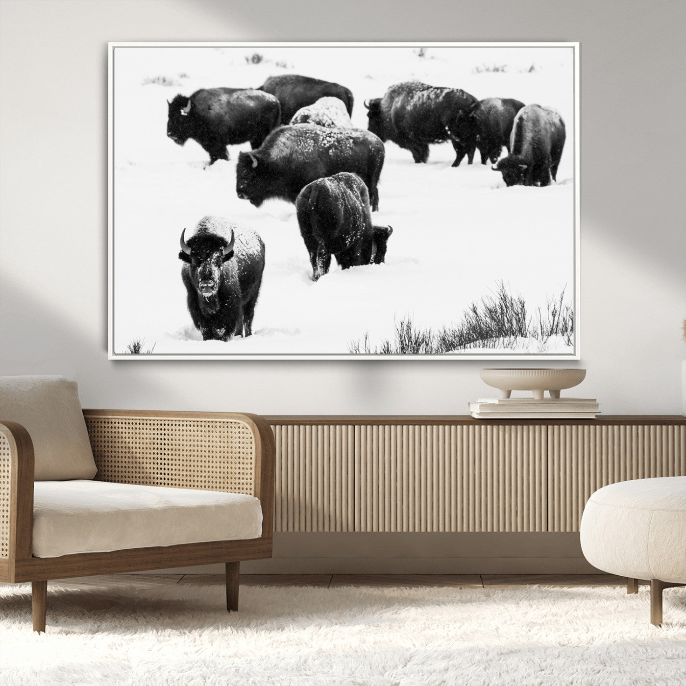 18914414-MGV-CV-36X24-Buffalo Herd Wall Art Canvas Print, Framed Black and White Art Picture Print, Snowy Landscape Perfect Rustic Lodge Decor Decor