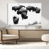 18914414-MGV-CV-36X24-Buffalo Herd Wall Art Canvas Print, Framed Black and White Art Picture Print, Snowy Landscape Perfect Rustic Lodge Decor Decor