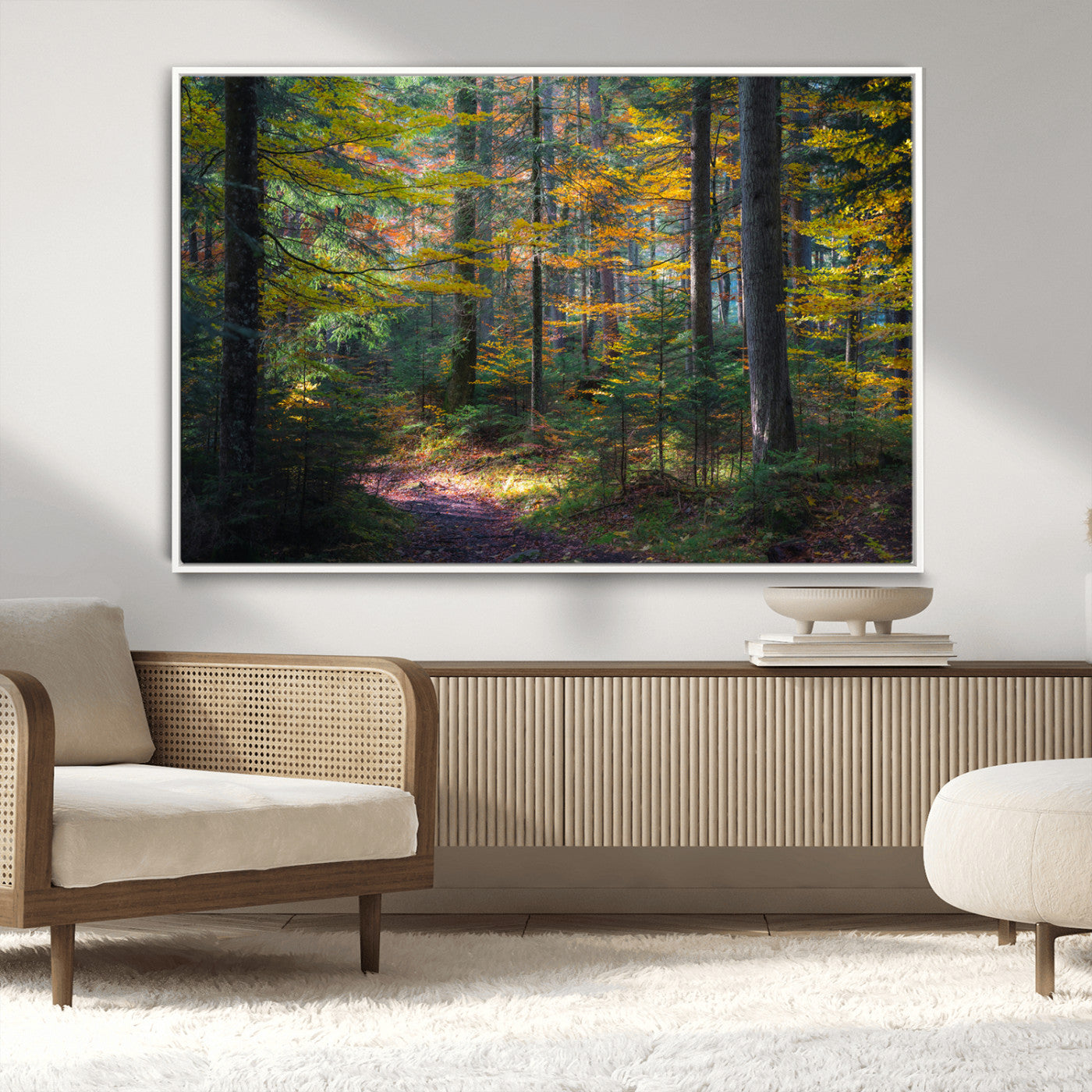 65810864-MGV-CV-36X24-Autumn Forest Wall Art Canvas Print, Framed Fall Woodland Art Picture Print, Golden Leaves Perfect Rustic Farmhouse Decor Artwork