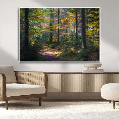 65810864-MGV-CV-36X24-Autumn Forest Wall Art Canvas Print, Framed Fall Woodland Art Picture Print, Golden Leaves Perfect Rustic Farmhouse Decor Artwork
