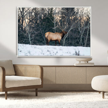 36533178-MGV-CV-36X24-Wild Elk Photography Wall Art Canvas Print, Framed Winter Wildlife Art Picture Print, Snowy Forest Perfect Rustic Lodge Decor