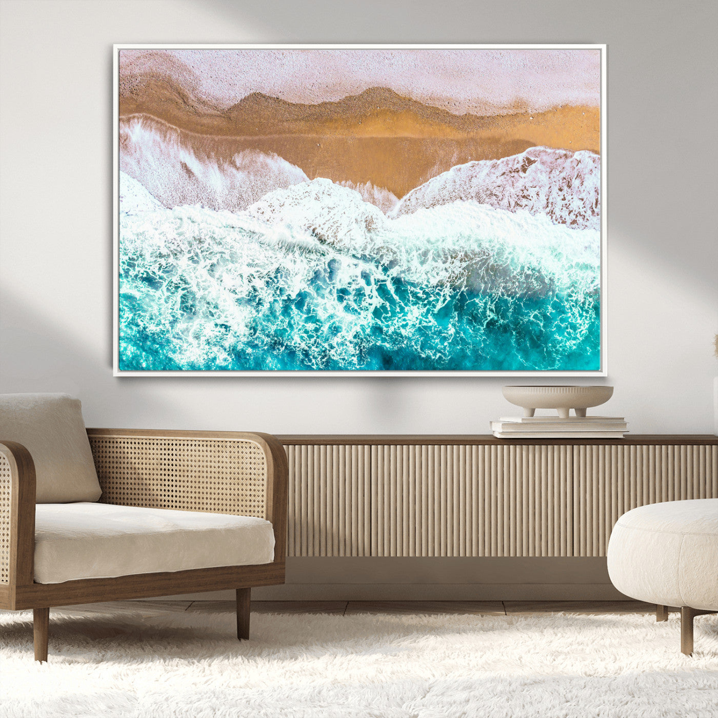 26870666-MGV-CV-36X24-Aerial Beach Wall Art Canvas Print, Framed Ocean Waves Art Picture Print, Coastal Landscape Perfect Coastal Minimalist Decor