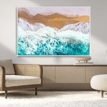26870666-MGV-CV-36X24-Aerial Beach Wall Art Canvas Print, Framed Ocean Waves Art Picture Print, Coastal Landscape Perfect Coastal Minimalist Decor