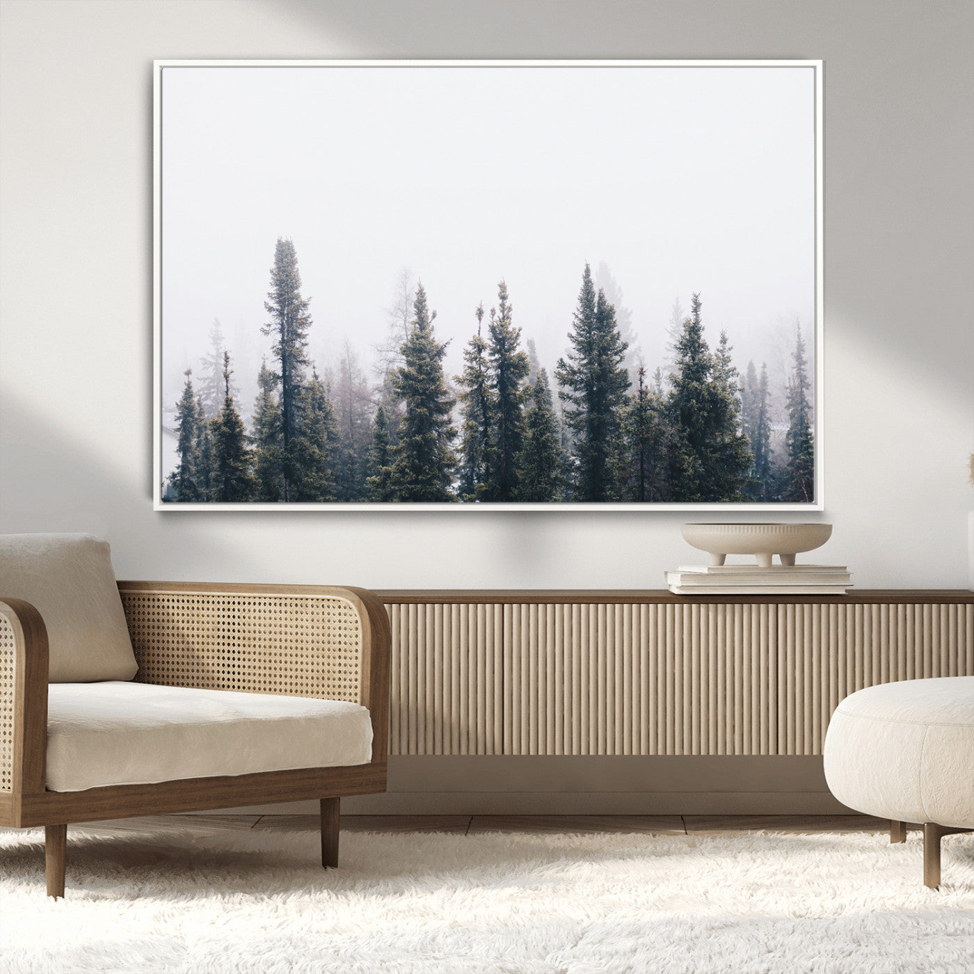 42364796-MGV-CV-36X24-Foggy Forest Wall Art Canvas Print, Framed Misty Pines Art Picture Print, Moody Woodland Perfect Scandinavian Minimalist Decor