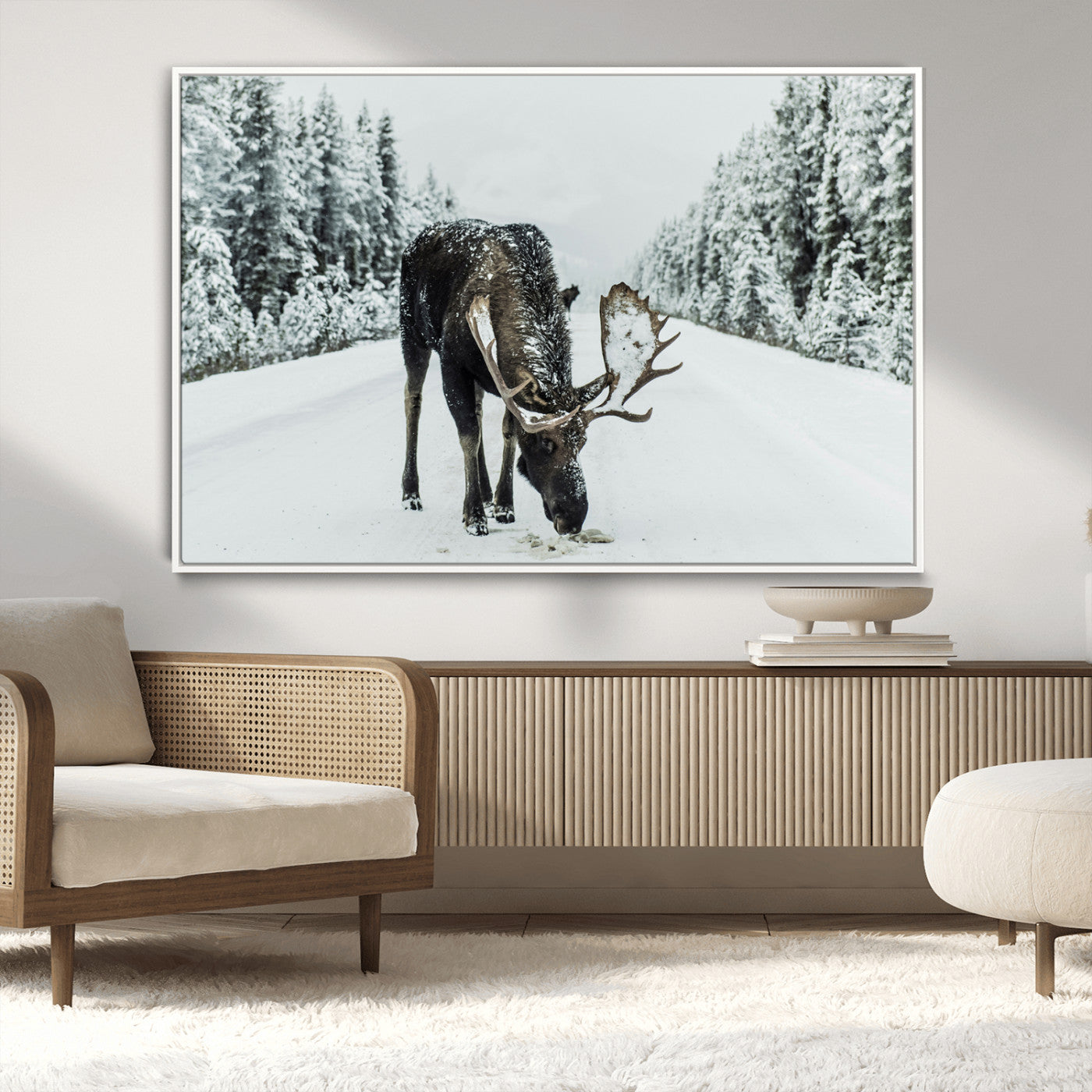 13316292-MGV-CV-36X24-Moose in Snow Wall Art Canvas Print, Framed Winter Wildlife Art Picture Print, Snowy Forest Scene Perfect Rustic Lodge Decor