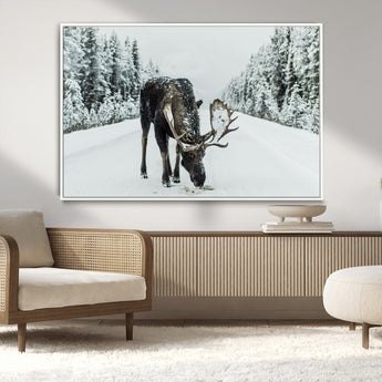 13316292-MGV-CV-36X24-Moose in Snow Wall Art Canvas Print, Framed Winter Wildlife Art Picture Print, Snowy Forest Scene Perfect Rustic Lodge Decor