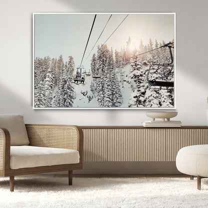 91534512-MGV-CV-36X24-Frosty Pines Wall Art Canvas Print, Framed Cozy Cabin View Art Picture Print, Ski Lift Ride Perfect Rustic Lodge Decor Artwork