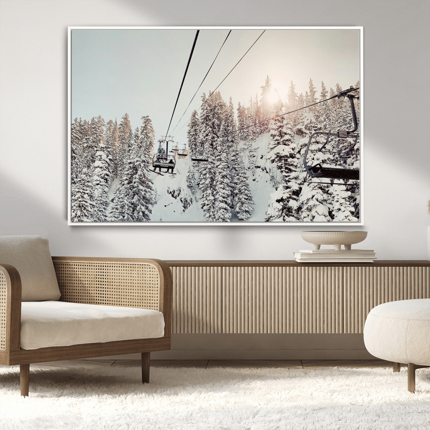91534512-MGV-FC-36X24_White-Frosty Pines Wall Art Canvas Print, Framed Cozy Cabin View Art Picture Print, Ski Lift Ride Perfect Rustic Lodge Decor Artwork