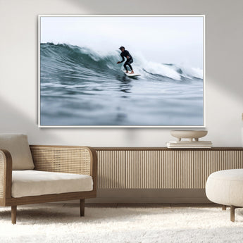 11693607-MGV-CV-36X24-Surfer on Wave Wall Art Canvas Print, Framed Ocean Adventure Art Picture Print, Motion Blur Water Perfect Coastal Adventure Decor