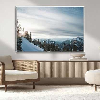 55564749-MGV-CV-36X24-Snowy Mountains Wall Art Canvas Print, Framed Alpine Landscape Art Picture Print, Frosty Peaks Perfect Nordic Minimalist Decor