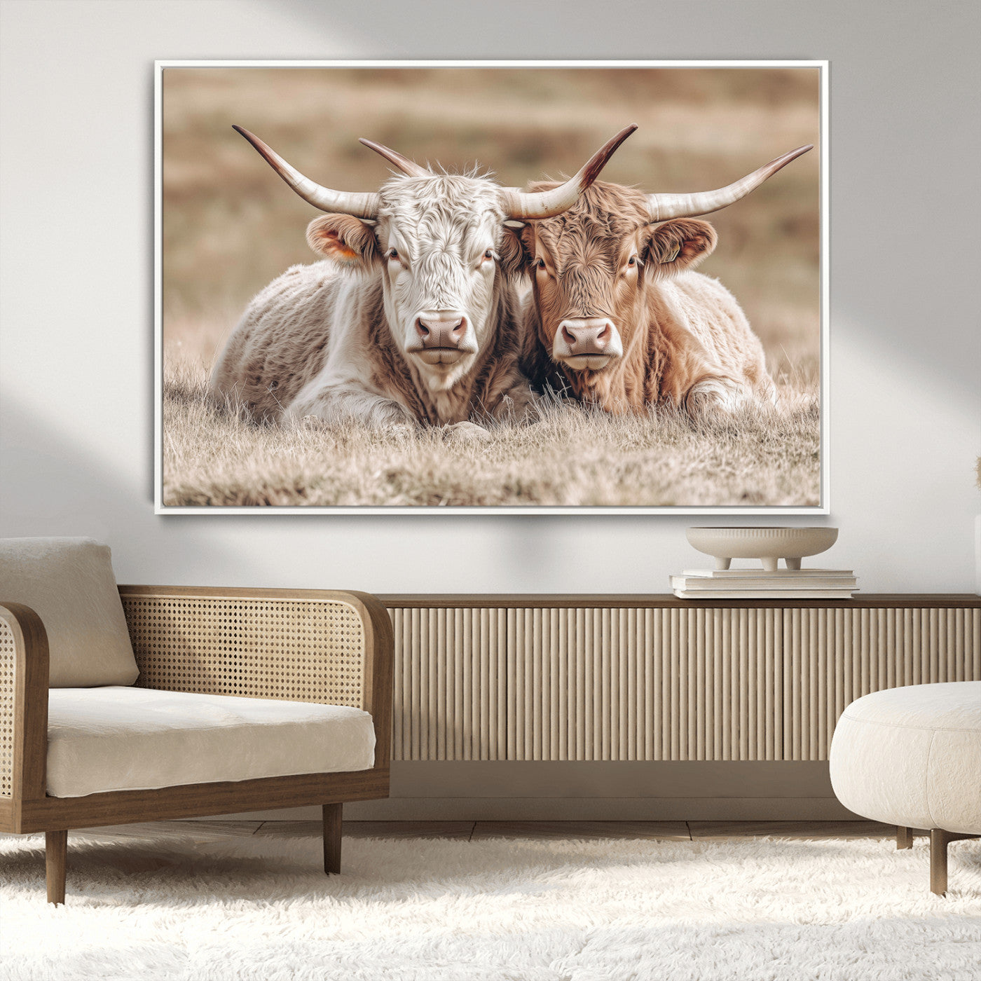 38651722-MGV-CV-36X24-Cow Wall Art – Rustic Longhorn Pair Canvas Print, Western Farmhouse Animal Painting, Country Ranch Decor for Living Room, Bedroom,