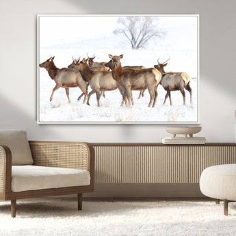 41416314-MGV-CV-36X24-Elk Wall Art – Wildlife Herd Canvas Print in Snowy Landscape, Rustic Nature Painting, Western Cabin Lodge Decor for Living Room,