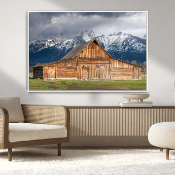 15173627-MGV-CV-36X24-Barn Wall Art – Rustic Wooden Cabin Canvas Print with Snowy Mountain Landscape, Western Farmhouse Country Decor for Living Room,