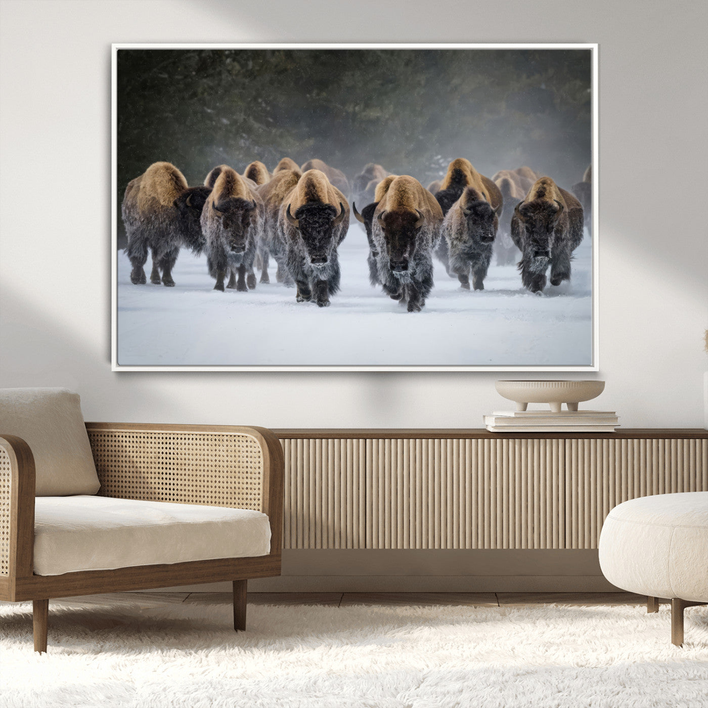 30332489-MGV-CV-36X24-Winter Bison Herd Wall Art – Powerful Buffalo Canvas Print, Rustic Wildlife Photography Decor for Farmhouse, Cabin, Lodge, Living