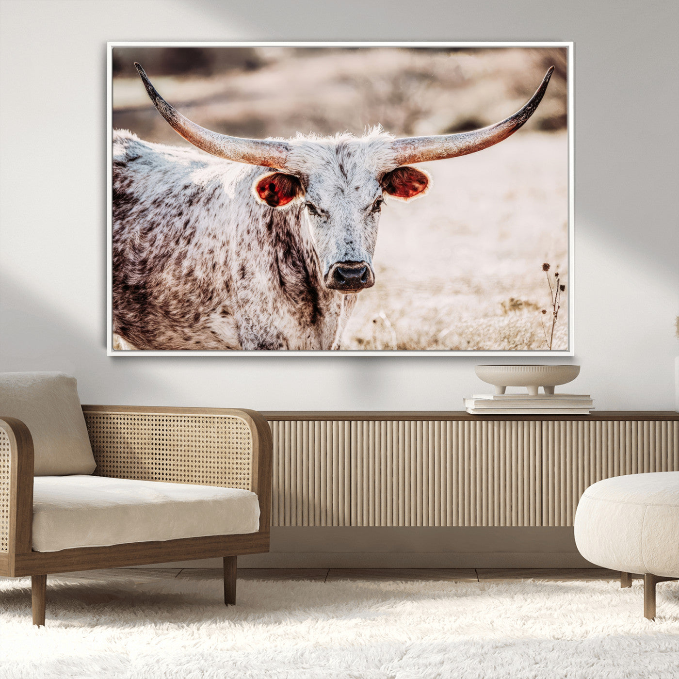 72388892-MGV-CV-36X24-Texas Longhorn Wall Art – Rustic Western Canvas Print, Cowboy Style Farmhouse Bull Artwork for Living Room, Ranch, Office or Man
