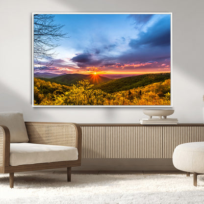 25786346-MGV-CV-36X24-Sunset Over Mountains Wall Art – Nature Landscape Canvas Print, Golden Hour Forest Photography, Scenic Sunrise Artwork for Living