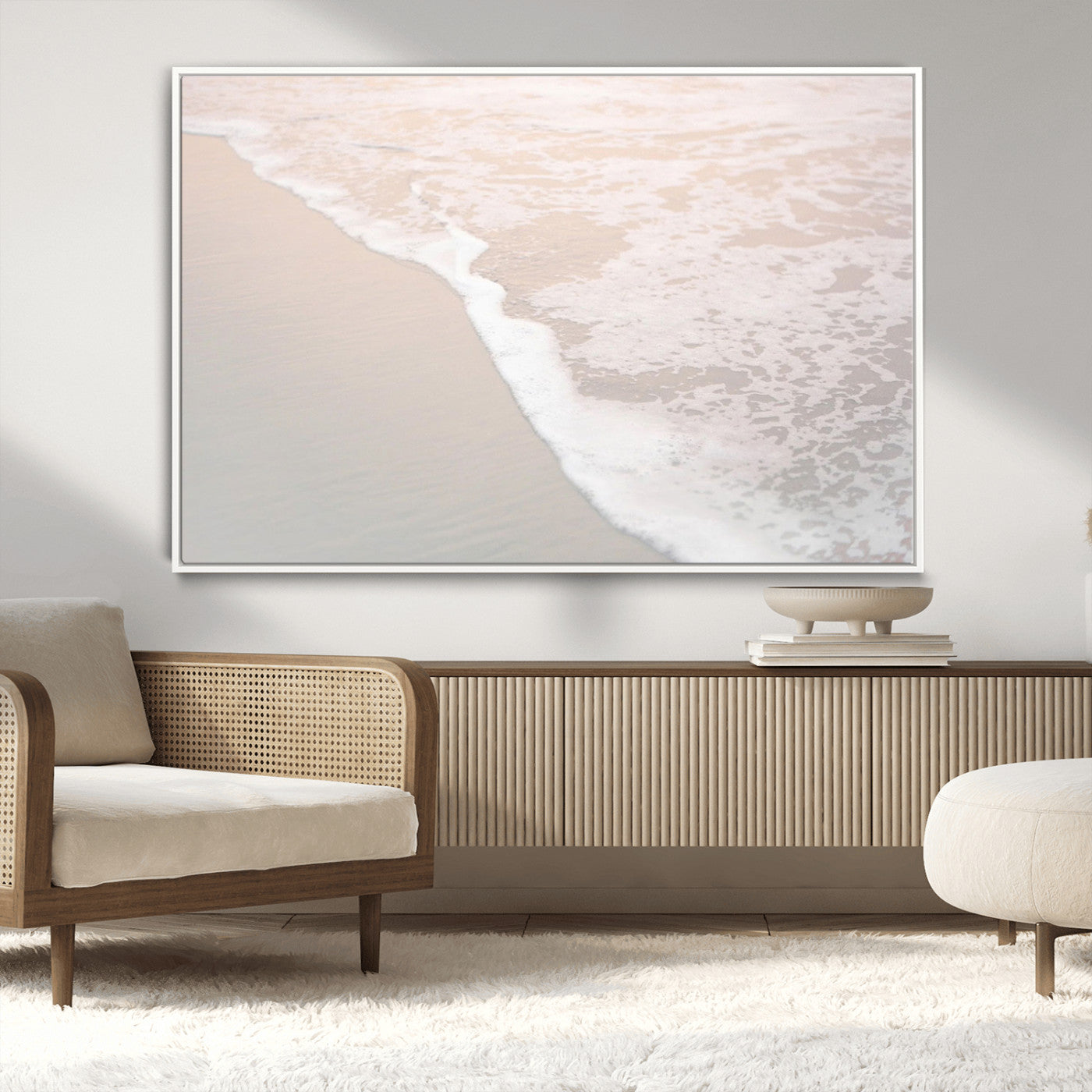 28414510-MGV-CV-36X24-Ocean Shoreline Wall Art – Minimal Coastal Beach Canvas Print, Soft Sea Foam and Sand Photography Artwork, Relaxing Nautical Decor