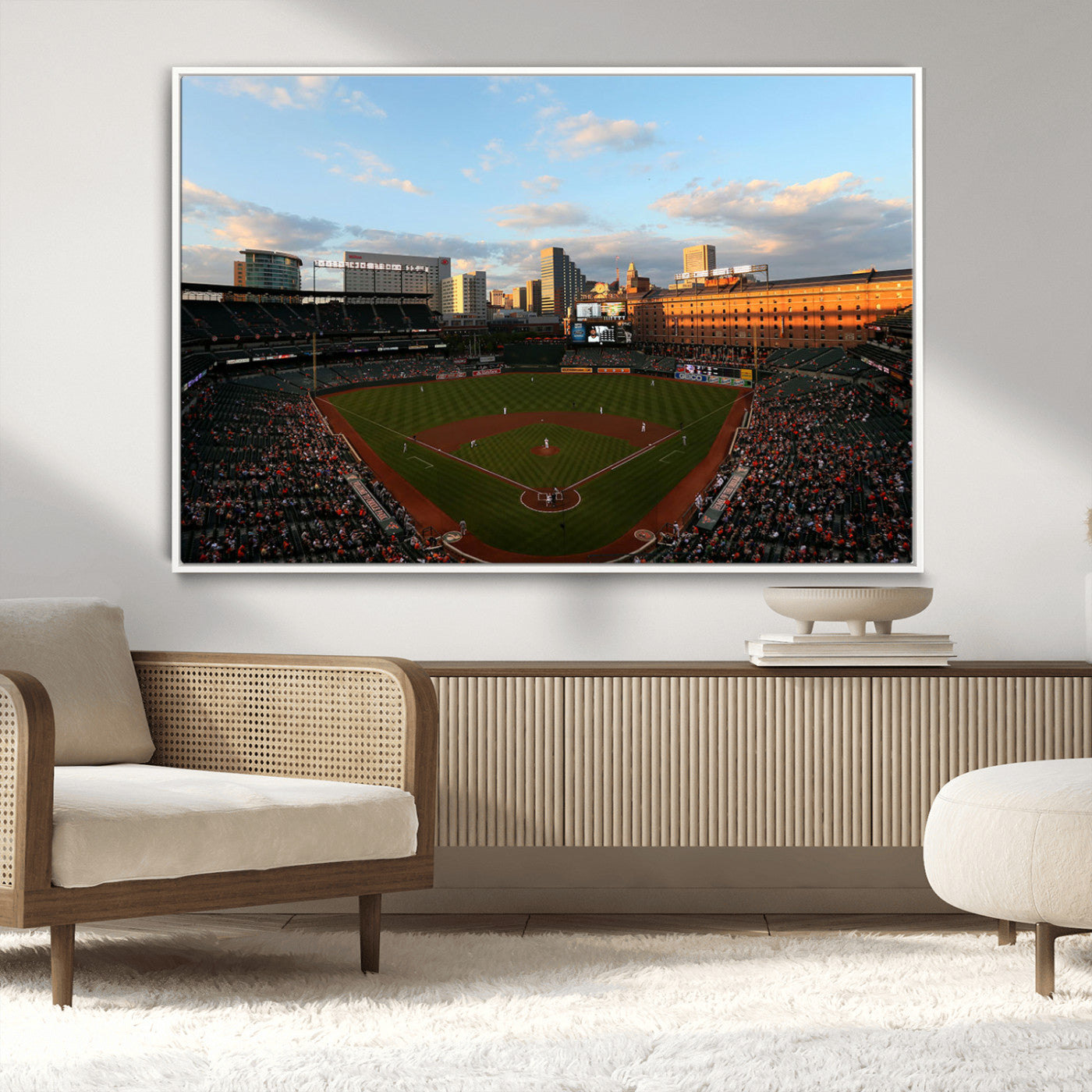 22285236-MGV-FC-36X24_White-Baseball Stadium Sunset – Panoramic Ballpark Canvas Wall Art, Sports Decor for Office, Man Cave, Game Room, Sports Bar, Baseball