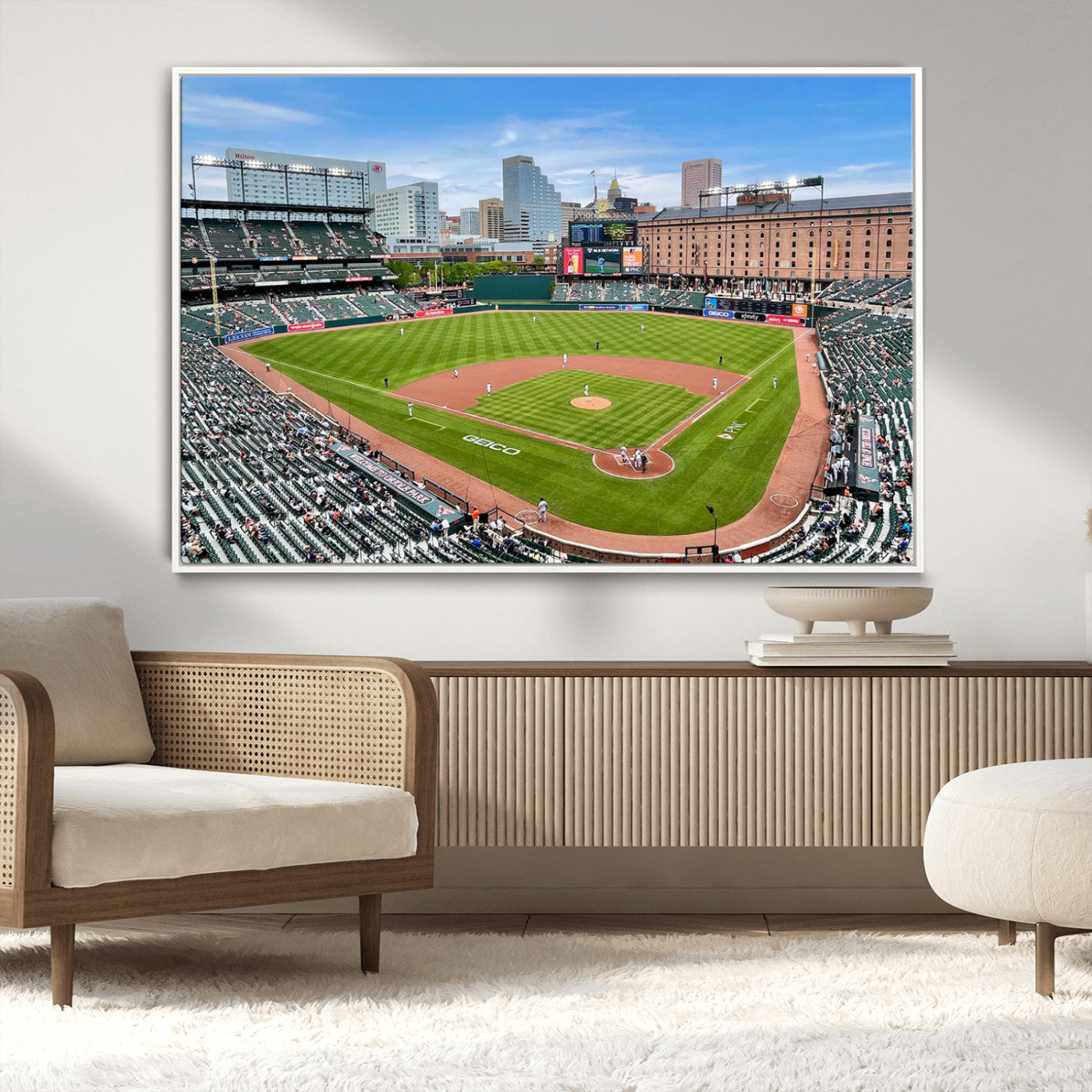 76426407-MGV-CV-36X24-Baseball Stadium Daytime – Panoramic Ballpark Canvas Wall Art, Sports Decor for Office, Man Cave, Game Room, Sports Bar, Baseball