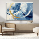 42475677-MGV-CV-36X24-Blue and Gold Abstract Wall Art – Modern Luxury Canvas Print, Navy White Brushstroke Painting, Contemporary Home Office Living