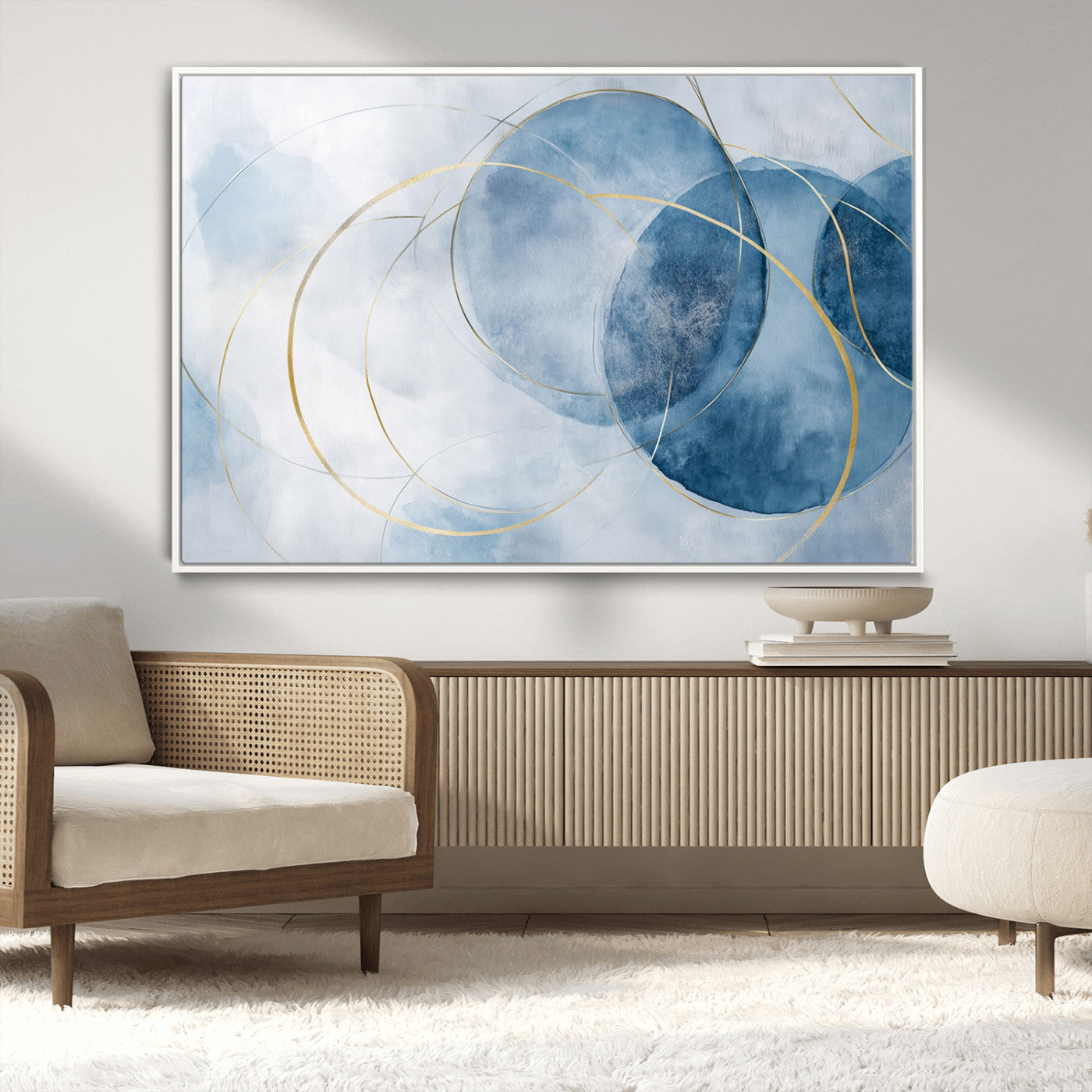 47060443-MGV-CV-36X24-Blue Abstract Circle Wall Art – Modern Gold and Navy Canvas Print, Minimalist Geometric Painting for Living Room, Bedroom, Office