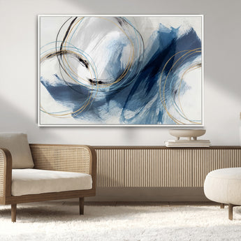 49589477-MGV-CV-36X24-Blue Abstract Wall Art – Modern Circle Canvas Print with Gold and Black Accents, Contemporary Fluid Brushstroke Painting for