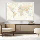 40660043-MGV-CV-36X24-World Map Wall Art – Large Detailed Atlas Style Map Print with Countries, Cities, and Oceans, Neutral Beige and Tan Educational