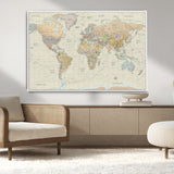 41929777-MGV-CV-36X24-World Map Wall Art – Large Detailed Political Atlas Style Map Print with Countries, Cities, and Oceans, Warm Earth Tone