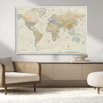 41929777-MGV-CV-36X24-World Map Wall Art – Large Detailed Political Atlas Style Map Print with Countries, Cities, and Oceans, Warm Earth Tone